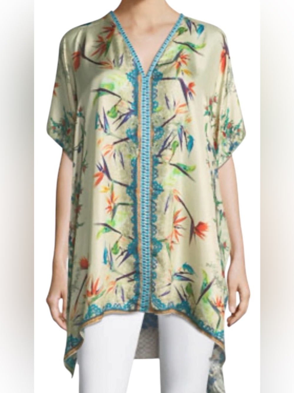 Johnny Was Salinas Poncho Vibrant Floral Tunic Top 100% silk XL